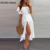 Shoulder Ruffle Tops Split Skirt Sets-Outfit