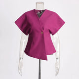Toloer Commuter Wind 2024 New V Neck Short Sleeve Waist A Button Door Skirt Asymmetric Thin Pure Color Vest Woman-Outfit