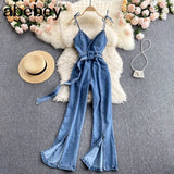 Women Summer Denim Strap Long Pants Jumpsuits Loose Sexy Beach Cami Overalls Boho Sleeveless Solid Chiffon Wide Leg