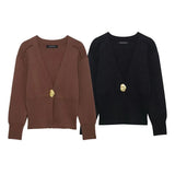 Temperament Metal Button Knitted Cardigan 2025 Spring Long Sleeve V Collar Short Coat