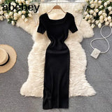 Women Slim Knitted Dress Square Collar Short Sleeve Elastic Bodycon Dresses 2022 Summer Streetwear Sexy Split