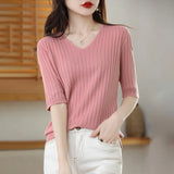Toloer The Summer Of 2024, Women's Knit Short Sleeve Korean V-Neck Solid Color T-Shirt And A Pit Top-Outfit