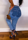 Winter Blue Patch Zipper Fly High Waist Regular