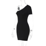 Black Contrast Seam One-Shoulder Short Sleeve Mini Dress-Outfit