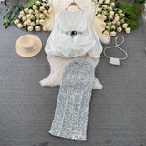 Suit Female Temperament Lantern Long Sleeve V Collar Lotus Leaf Swing Bright Shirt Female High-Waist Lysic Half