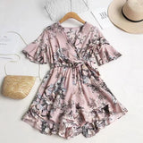 Ruffled Women Playsuits Elastic High Waist Bow Female Jumpsuit Romper Butterfly Sleeve Short Overalls for