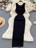 Knit Sexy Strap Dress Women Tank Elatic Waist Bodycon Sundress Female Beach Split Backless Long