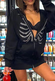 Rhinestone Skull Zipper Hoodie-Outfit