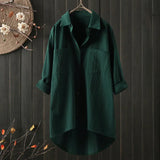 Women's Clothing 2025 Spring And Autumn Casual Style Pure Shirt Women Loose Cotton T-Shirt Double Pocket Long-Sleeved