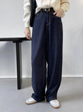 Women's High Waist Dark Blue Bright Line Straight Jeans Thin Wide Leg Denim