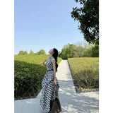 Design Lattice Sleeveless Round-Neck Dress Women 2025 Summer New Slim Retro Long