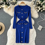 Fashion Women Sweater Dress V Neck Chain Long Sleeve Bodycon Dress Female Elastic Waist Solid Warm Knitted