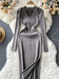 Female Sexy Party Knitted Dress Long Sleeve V Neck Slim Midi Long Dress 2022 Winter Fashion Solid Split Sweater