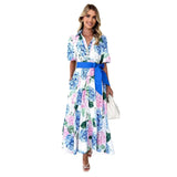 Printed Bohemian Dress Spring Summer New Short-Sleeved Belt A-Shaped Dress
