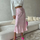 Pink Printed Satin Midi Straight Skirt-Outfit