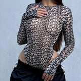Printed Chaochao Brand Mesh Spicy Girls' Conjoined Clothes Are Sexually Transparent Long-Sleeved Tight Fashionable Women's Wear-Outfit