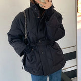 Autumn Winter Argyle Pattern Women Stand Collar Oversized Down Jacket 2022 Fashion Single-breasted Solid Parka Lace-up Chic