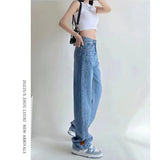 Toloer Sense Wide Leg Jeans Female Autumn High Waist Show Thin Loose Large Size Versatile Straight Tube Drag Pants Tide Ins-Outfit