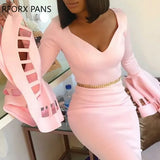 Women Solid Elegant Chain Hollow out V neck Flared Sleeves Party Bodycon Maxi Dress-Outfit