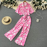 Women Summer Fashion Korean Two Piece Suits Short Sleeve Short Top+Wide Leg Long Pants Streetwear Ladies Suits Two Piece