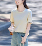 Toloer Cream-Colored Top 25 Years Of Summer New Commute Fashion Design Lace Splicing Loose T-Shirt