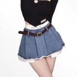 Patchwork No Belt Denim Skirts Y2K Summer High Waist Streetwear Irregular Mini Skirts Female Korean Tassels Jean Skirts-Outfit