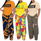 Sets Summer Fashion Printing Letter Two Piece Set Women Short Sleeved T Shirt Pullover Hole Wide Leg Ripped Trousers-Outfit