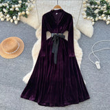 Light Luxury Famous Woman High-End Sense V Collar Long Sleeve Strap To Close The Waist Velvet Dress Women Autumn And Winter Lanky