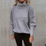 Toloer And Winter New Striped High Leader Mouth Button Sweater Solid Color Casual Loose Plus Size Sweater Woman-Outfit