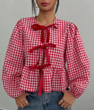 Women's Plaid Loose Bow Long-Sleeved