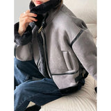 Women's Fuzzy Fur Lined Zipper Motorcycle Suede Jacket Striped Trim Autumn Winter 2022 Solid Vintage Short Loose Padded