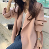 Winter Korean 2020 High End Women Long Side Split 100% Wool Handmade Pink Double Sided Coat Lacing Belt Loose Woolen