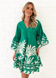 Summer New V-Neck Print Horn Sleeve Loose Short Dress