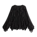 2025 New Women's V-Neck Single Buckle Long-Sleeved Cascade Decorative Shirt 10
