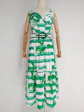 Casual Striped Colorblock Dress For Women V Neck Sleeveless High Waist Loose Midi Dresses Female Summer Clothes