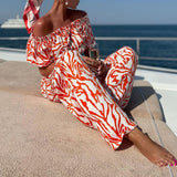 Toloer 993 Spot Women's Wear Autumn 2024 New One-Line Shoulder Short-Sleeved Top Print Pants Suit Two Sets-Outfit