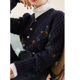 Style Embroidey Flower Cardigan Women O Neck Single Breasted Knitted Tops Long Sleeve Casual Vintage