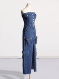 Toloer 2024 New Street Hipster One-Word Shoulder Retro Design Sense Strapless Dress Female Slit Long Skirt-Outfit
