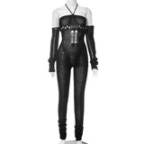 Women's 2025 Autumn And Winter 2025 New Woolen Sleeve Hanging Neck Tie Hollow Jumpsuit Pile