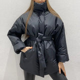 Stand Collar Parkas Women Fashion Tie Belt Loose Coats Women Elegant Spring Casual Long Cotton Jackets Female