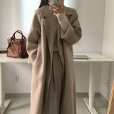 Autumn Winter Women Solid Color Long Wool Coat With Belt Female Elegant Office Long Sleeve Outerwear With Pockets
