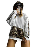 Has F24TP161 Women's Autumn And Winter New Leopard Splicing Drawstring Pocket Loose Casual Hooded