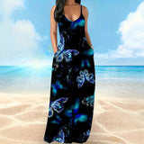 New Summer Dress Female Butterfly Print V-Necked Long