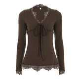 Lace Splicing Deep V-Neck Long-Sleeved T-Shirt Girl 2025 New