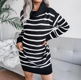 Autumn Knitted Striped Turtleneck Women Sweater Dress Black Long Sleeve Basic Dress Women Winter Fashion Casual