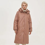 Winter Khaki Windproof Parkas Women Fashion Casual PU Leather Coats Women Elegant Long Cotton Jackets Female Ladies