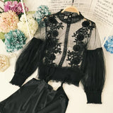 Women Tops Fashion Sexy Sheer Lace Blouse Lantern Sleeve 3D Floral Blouses Shirts Elegant Top Blusas