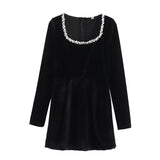 Women's Autumn And Winter New Diamond-Sleeved French Waist-Sleeved Velvet Mini