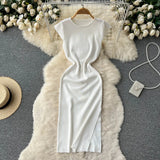 Women Korean Style Knitted Dress 2022 Summer O Neck Solid Short Sleeves Slim Ladies Sexy A Line Long