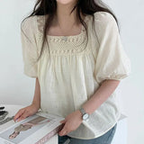 Crochet Square Collar Puff Sleeve Blouse-Outfit